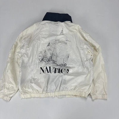 Vintage NAUTICA Jacket Mens Medium Beige Windbreaker Big Back Print 90s - Image 1 of 4