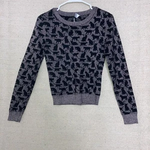 Schwarze Katze Strick Pullover Print �� Jacquard Cropped Metallic Divided H&M Damen 4 - Bild 1 von 7