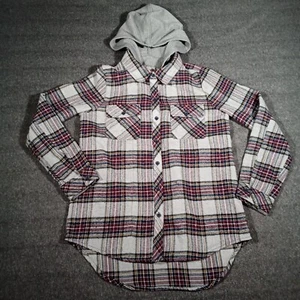 Ci Sono Anthropologie Top Womens Large Red Gray Plaid Flannel Hoodie Shacket - Picture 1 of 11