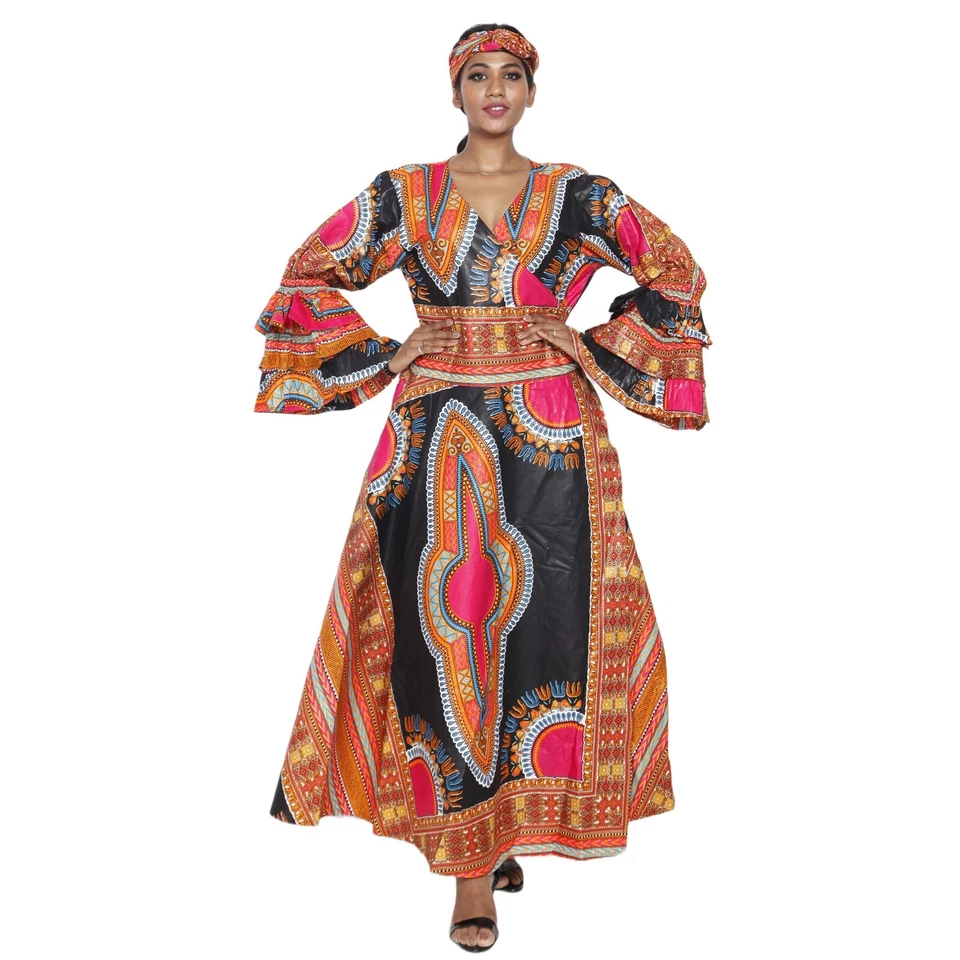 African Women's Dashiki Ruffle Sleeve Maxi Wrap Dress -- FI-D70 FS - Image 1 of 4