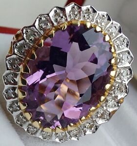 Art Deco Gold Huge 5.8Ct Oval Amethyst Diamond Cocktail Dress Ring Size R 4.75g