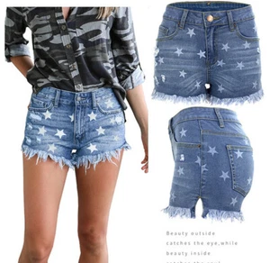 Lo último Nuevo Mujeres Niñas Mini Pantalones Cortos Pantalones Pantalones Denim Bolsillos Blancos Estrellas - Imagen 1 de 12
