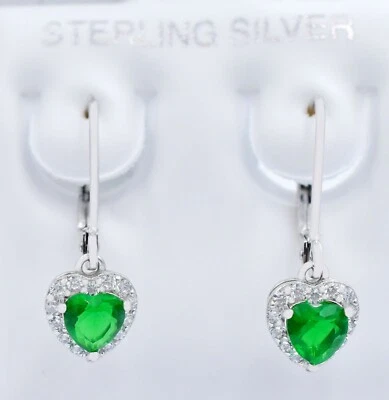 LAB CREATED 1.64 Ct EMERALD & WHITE SAPPHIRE HEART DANGLING EARRINGS .925 Silver - Image 1 of 4