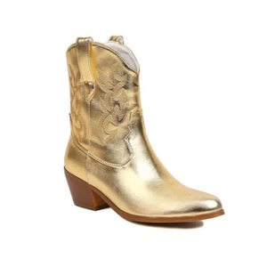 Pull on Pointed Toe Chunky Heel Ankle Boots Womens Embroidery Western Shoes Size - Picture 1 of 12