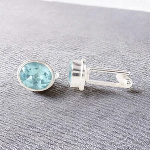 Sky Blue Topaz Gemstone 925 Sterling Silver Jewelry Statement Cufflinks 0.59" - Picture 1 of 4