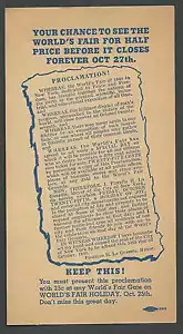 1940 NY WORLDS FAIR HALF-OFF ENTRY ON 0CT 25TH W/THIS PROCLAMATION - Picture 1 of 1