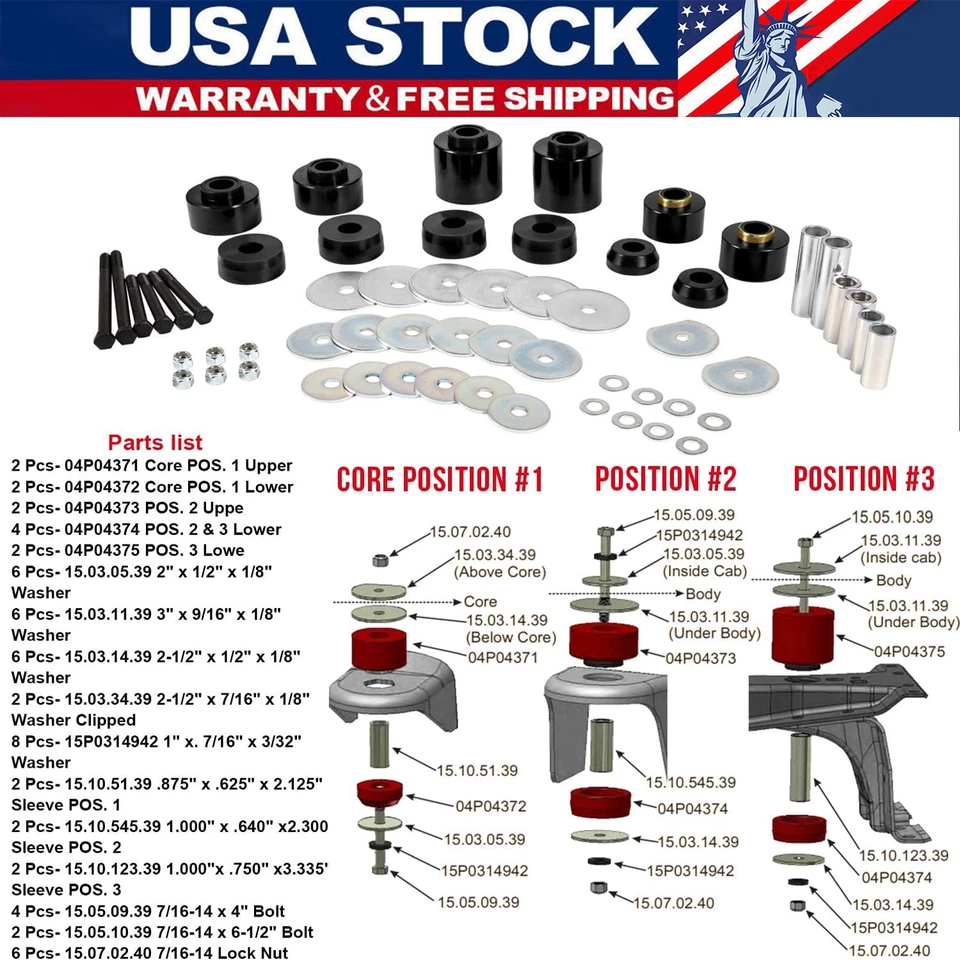 Комплект втулок для крепления кузова для 1980-1998 Ford F150 F250 F350 2WD 4WD 4.4123R - Изображение 1 из 4