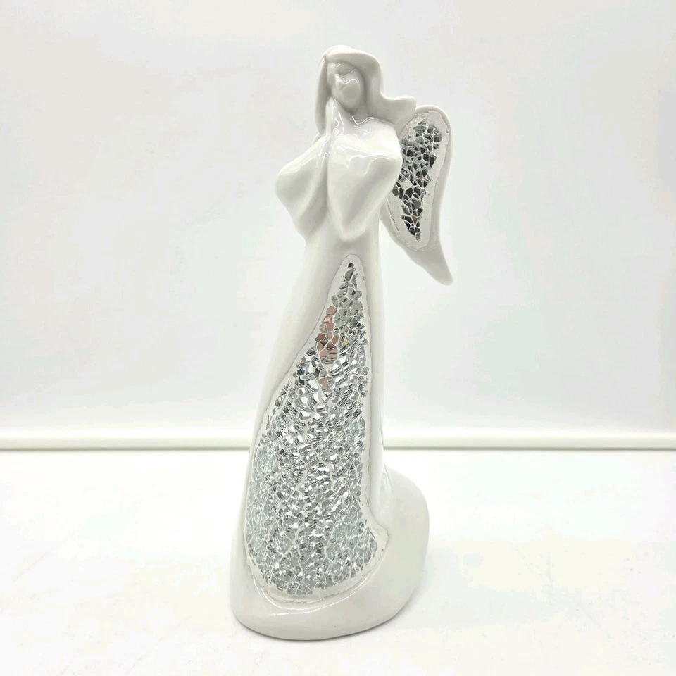 Estatuilla de ángel de cerámica blanca de 10" - Alas de mosaico de cristal agrietado - Decoración elegante Foto 1 de 4