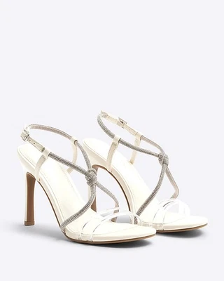 River Island Womens Heeled Sandals White Wide Fit Diamante Buckle Summer Shoes