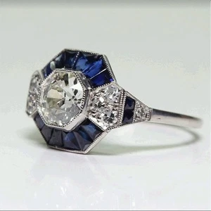 Rings Silver Plated 2.45CT Blue Sapphire Art Deco Engagement Gems Wedding - Picture 1 of 8