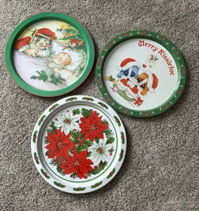 Christmas Serving Tray Poinsettia, Santa, Puppies-Ullman, Giordano 13” Lot/3 VTG - Picture 1 of 14