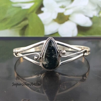 Brazalete brazalete de plata de ley 925 con piedras preciosas de ágata de musgo Foto 1 de 4