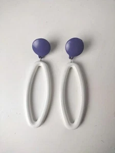 Vintage Earrings Clip On Long Hoop Chunky 80’s Or 90s Funky White And Purple - Picture 1 of 4