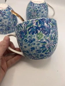 LILLY PULITZER 12 Ounce Ceramic Cup Blue Floral High Maintenance Design Set 3 - Picture 1 of 8