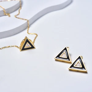 Jewelry Set, Triangle Necklace and Earrings in 14k Yellow Gold with Black Enamel - Picture 1 of 11