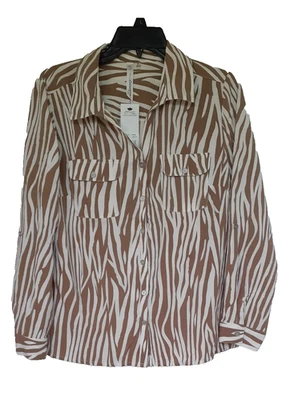 NY Collection Womens Petite Long Sleeve Roll Tab Brown Animal Print Blouse PL - Image 1 of 4