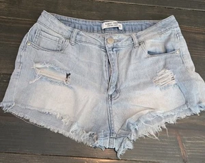 Almost Famous Denim Cut Off Booty Shorts Distressed Light Blue Y2k Size 12 - Picture 1 of 9