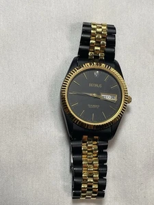 Vintage Benrus Diamond Quartz Day Date Uhr Schwarz Gold Bicolor - Läuft - Bild 1 von 14
