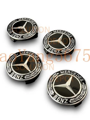4 Mercedes-Benz Classic Black & Chrome Wheel Rim Center Hub Caps AMG Wreath 75MM - Image 1 of 3
