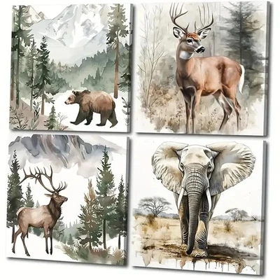 4pcs Forest Animal Deer Bear Elephant Picture Wall Art Canvas Unframed/Framed - Image 1 of 4