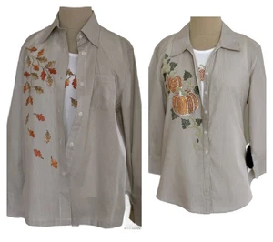 Tia Womens Brown Button-Up Shirt White Tank 2-pc Set FALL Leaves OR Pumpkins - Picture 1 of 26