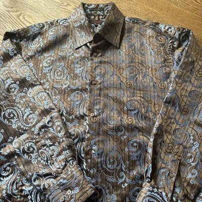 Leonardi 意大利衬衫男式 2XL 棕色和蓝色花卉长袖纽扣 — 第 1/4 张图片