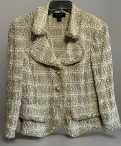 St John Sakko Strick beige weiß Fransen Anzug Blazer Gr. 8, Vintage - Bild 1 von 16