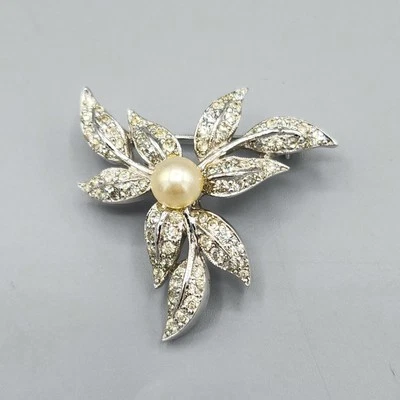 Dainty Panetta Signed Faux Pearl Crystal Rhodium Plate Leaf Spray Brooch - Image 1 of 4