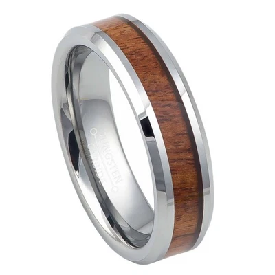 Joyería Avalancha 6 mm Biselado Madera Caoba Incrustación Carburo de Tungsteno Hombres Mujeres Boda Foto 1 de 4