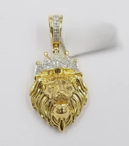 Yellow Gold Diamond Crown Lion Face Animal Charm Pendant 1/6 CTTW Mens - Picture 1 of 2