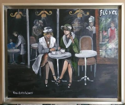 Pintura al óleo AT THE CAFE vintage 12X9" medios mixtos original sin marco pintado a mano Foto 1 de 4