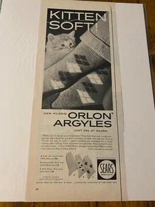 Vintage 1958 Sears Orlon Argyle Socks Kitten Soft Kitten Looking At Socks ad - Picture 1 of 1