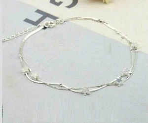 Womens Silver SP Bead Star Ankle Bracelet Double Chain Foot Anklet A04 - Picture 1 of 3