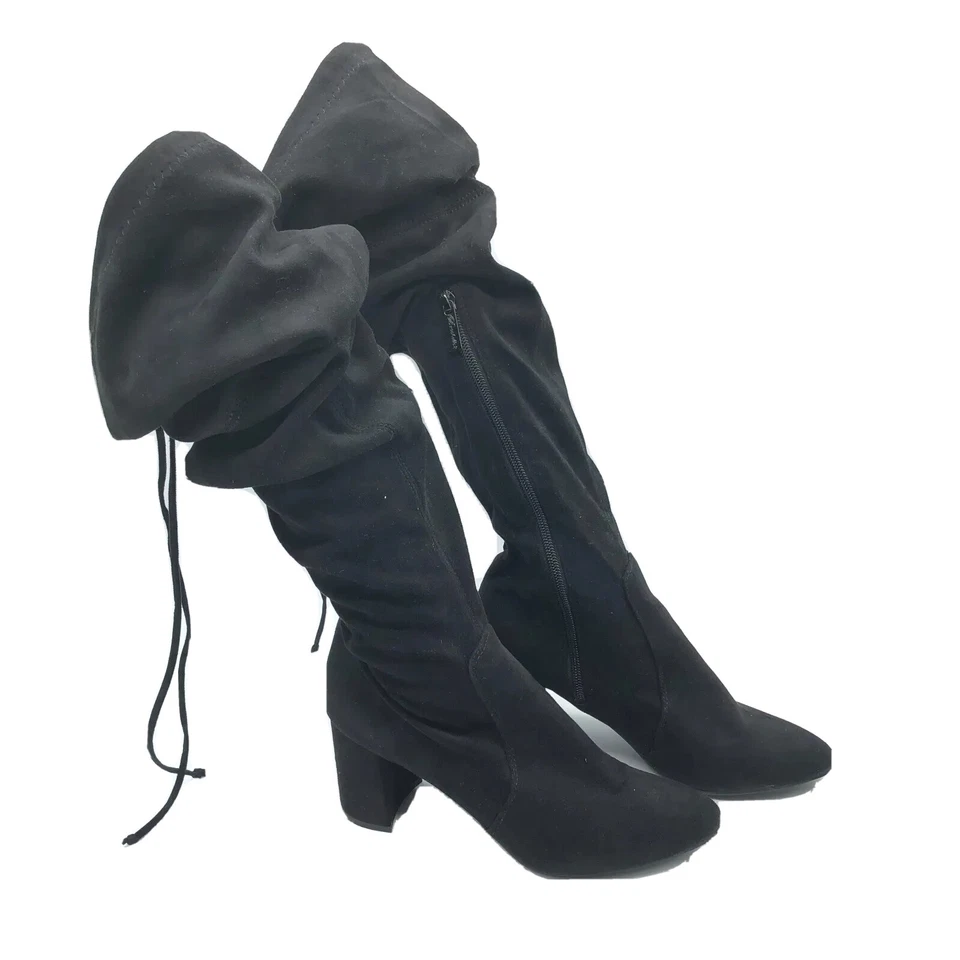 Breckelles Boots Knee High Faux Suede Slouchy Block Heel Pointed Toe Black 6.5 - Image 1 of 4