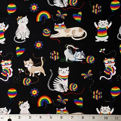 Playtime Kitty Bow Wow Meow Freckle & Lollie Cotton Quilt Fabric Rainbow Cat - Image 1 of 4