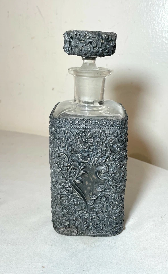 antique ornate reticulated perfume cologne metal glass silverplate bottle scent - Image 1 of 4