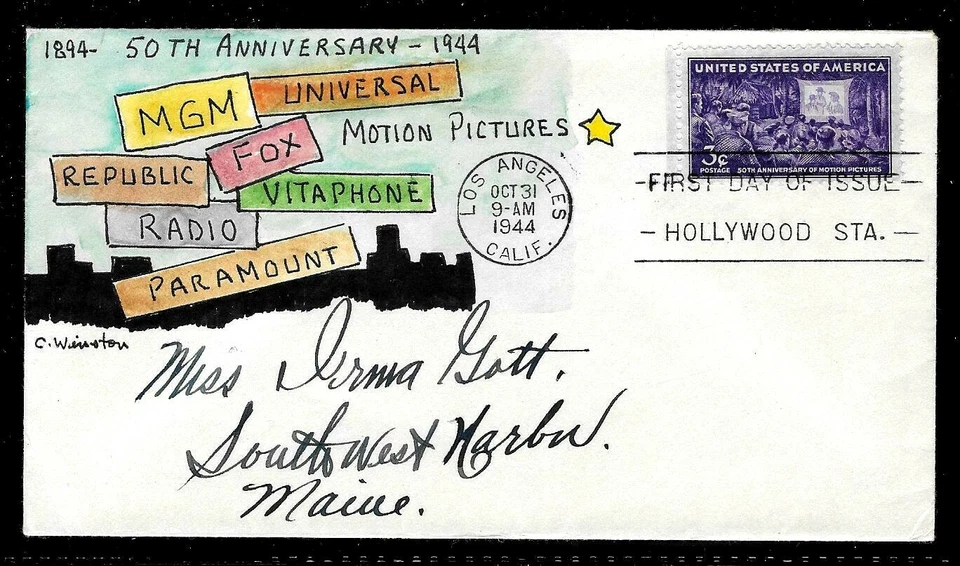926 3c Stamp (1944) THE MOTION PICTURES FDC - HD/HP FROM C. WINSTON - RARE !! - Image 1 of 1