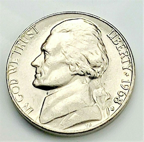 1968 S Jefferson Nickel - BU Coin Pulled from an OBW Roll Cover