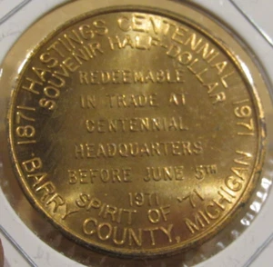 1971 Hastings, Michigan Centennial 50c Trade Token - MI Mich. - Picture 1 of 2