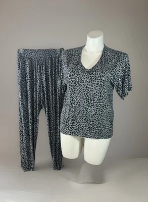 Donna Karan Ropa de Dormir 2 Piezas Pijama Conjunto Talla L Manga Corta Gris Negro Leopardo Foto 1 de 4