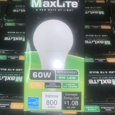 MaxLite 9W  Soft White Light Bulbs 50pack, 800 Lumens 2700k - Image 1 of 4