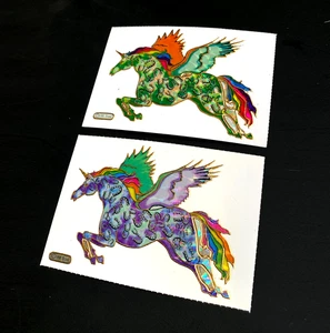 2 UNICORN PEGASUS rainbow VINTAGE VENDING sticker decal prism prismatic FOIL - Picture 1 of 7