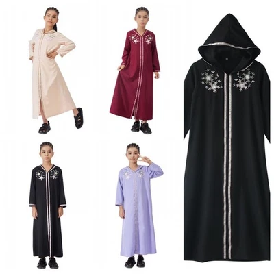 Vestido solto Eid feminino infantil com capuz moda Abaya bordado mangas compridas Kaftan - Imagem 1 de 4