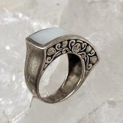 Declaración Anillo Madreperla Perla Perla Perla Plata Esterlina 925 MOP Banda Ancha Talla 6 Foto 1 de 4