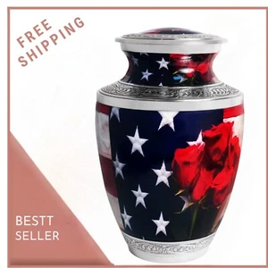 American Flag Adult Large Cremation Urn for Human Ashes with Velvet Bag - Picture 1 of 7