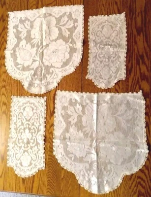 Vintage 4 pc Dresser Scarf Set Beige Filet Lace Embroidery Satin Sheen - Image 1 of 4