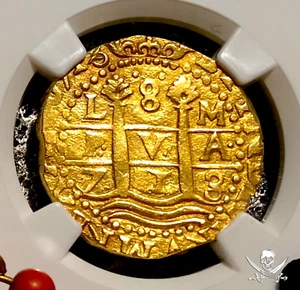 PERU 1713/12 8 ESCUDOS NGC 58 “1715 FLEET” SHIPWRECK PIRATE GOLD COINS TREASURE - Picture 1 of 19