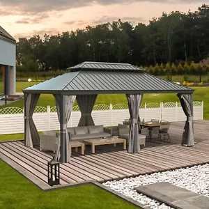 Domi 12x18FT Outdoor Hardtop Gazebo Aluminum Double Roof w/Curtain&Netting,Grey - Picture 1 of 6