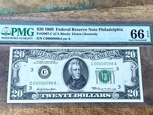 $20 1969 Federal Reserve Note 2067-C Philadelphia PMG 66EPQ - LOW SERIAL 98 Set - Picture 1 of 2