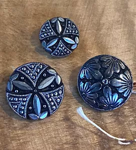 3 vintage fancy black glass buttons with silver embellishments - Picture 1 of 8